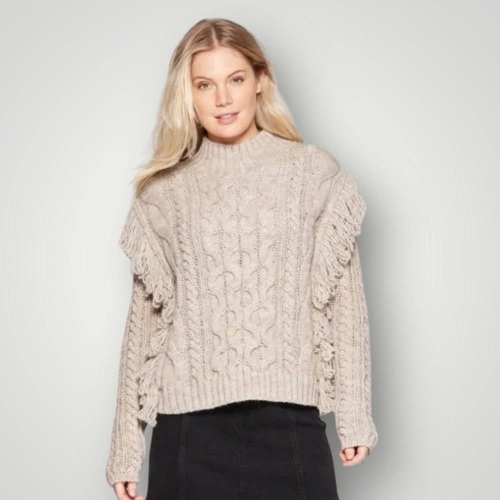 Universal Thread Chunky Cable Knit Fringe Mock Neck Western Style Sweater Size M